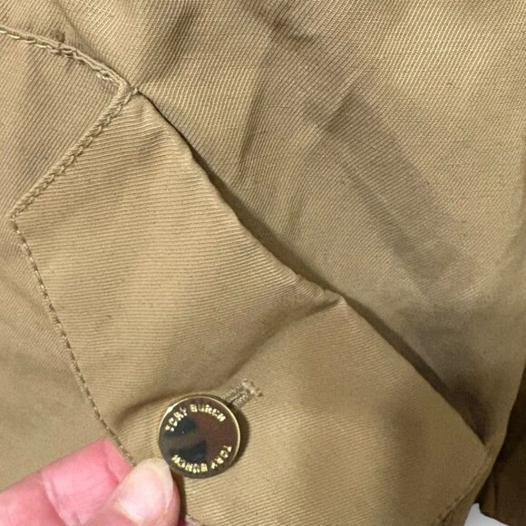Tory Burch Warren Ruffle Coat 4 Tan Jacket Raincoat Trench Zip Hooded Classic - Picture 7 of 11